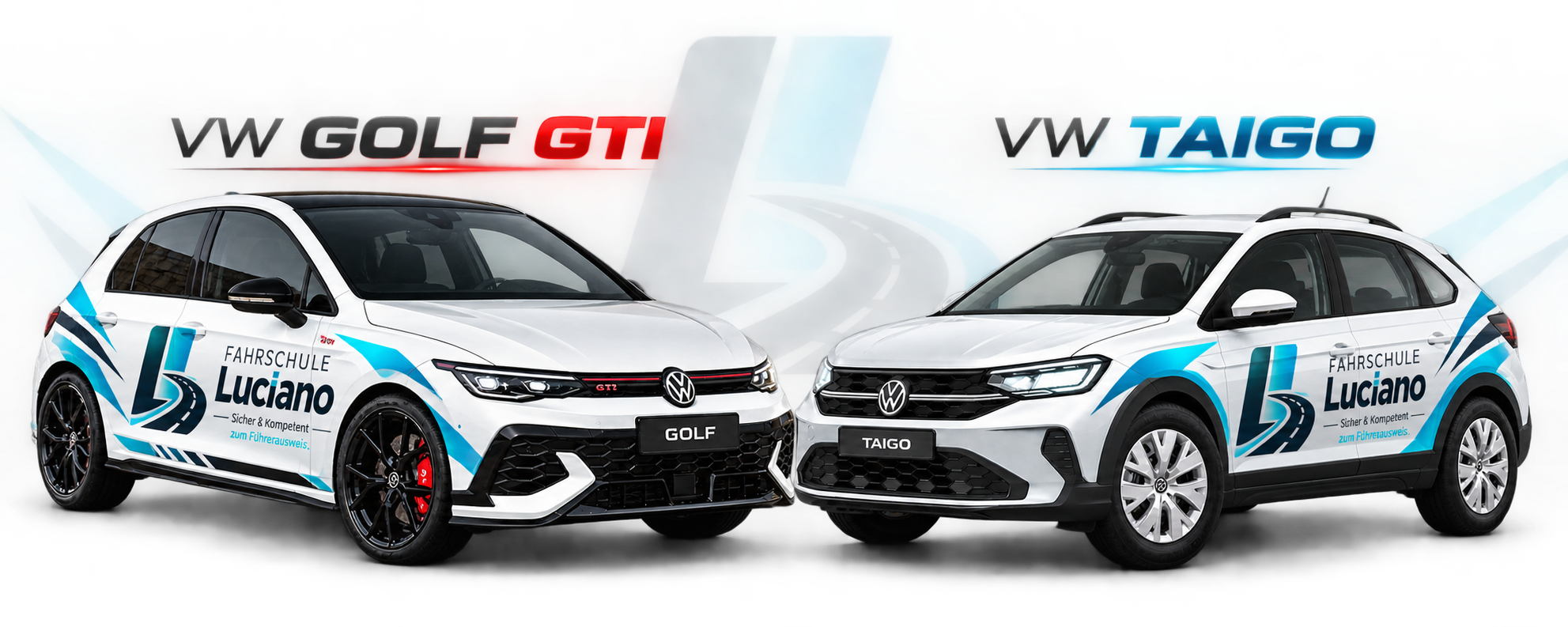 VW Golf GTI und VW Taigo der Fahrschule Luciano mit Logo 1