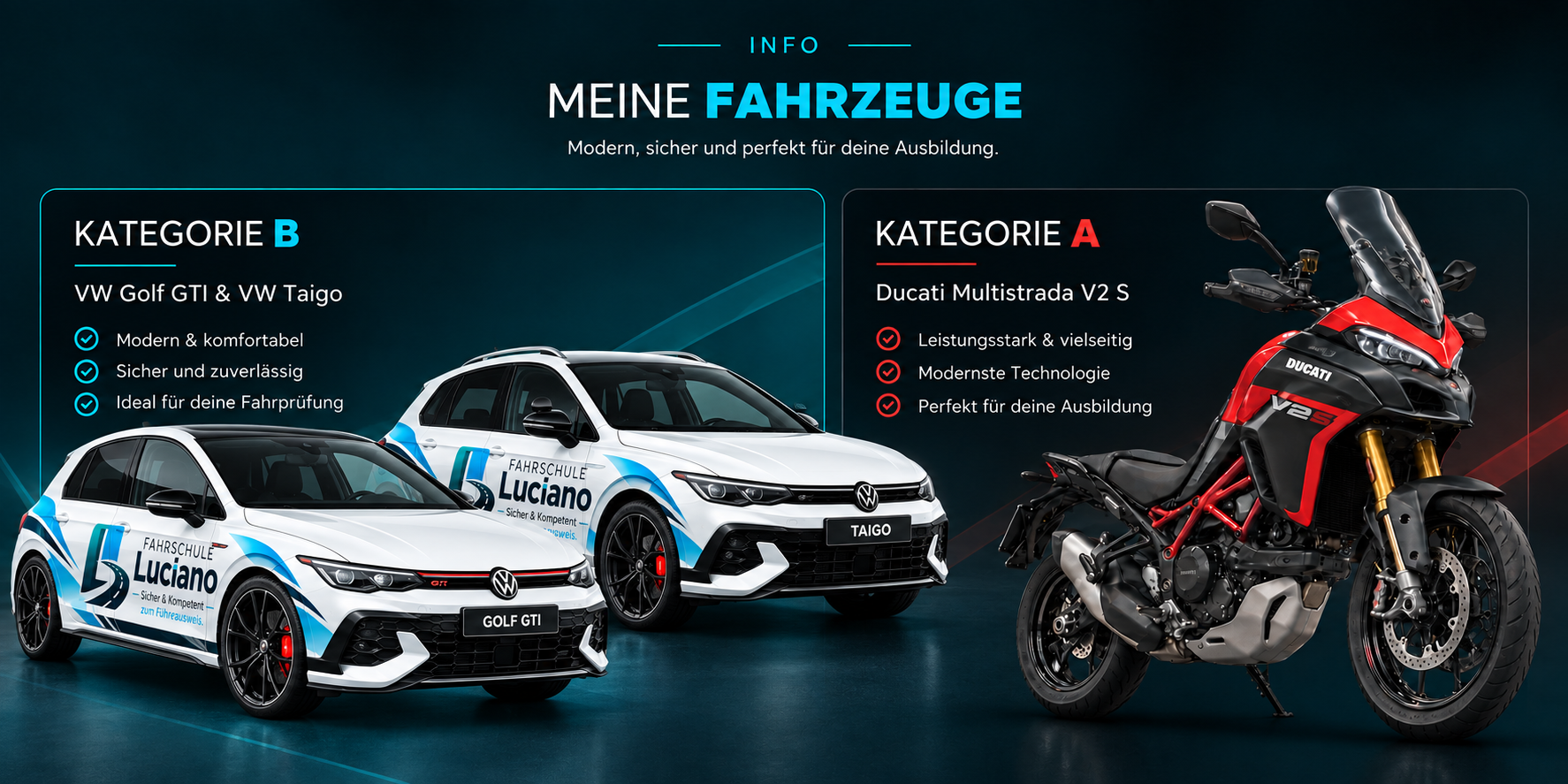 Fahrzeuge der Fahrschule Luciano: VW Golf GTI, VW Taigo und Ducati Multistrada V2 S